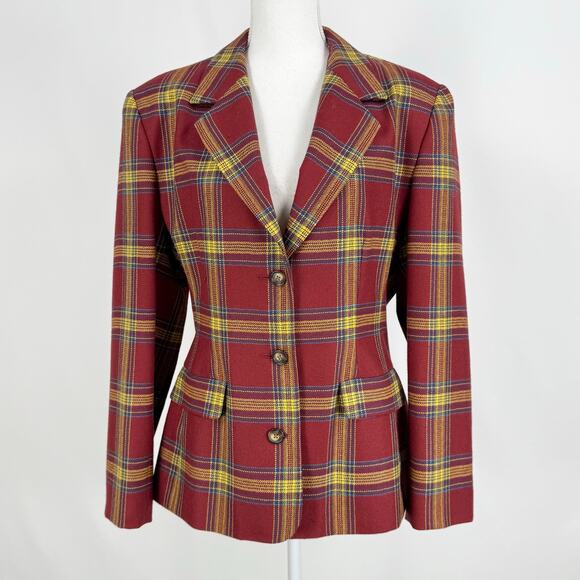 Vintage Gap Women's 100% Wool Plaid Blazer Jacket Size 10 Burgundy Yellow - Picture 1 of 15